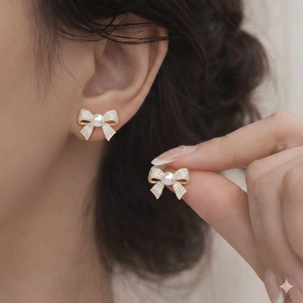 bow pearl stud earrings with micro inlaid diamond look bow pearl stud earrings with micro inlaid diamond look