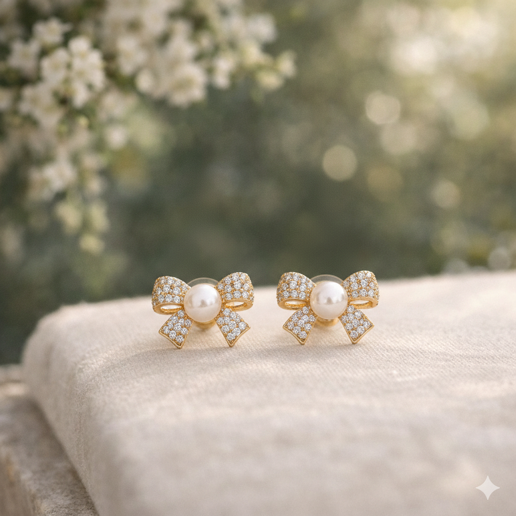 bow pearl stud earrings with micro inlaid diamond look bow pearl stud earrings with micro inlaid diamond look