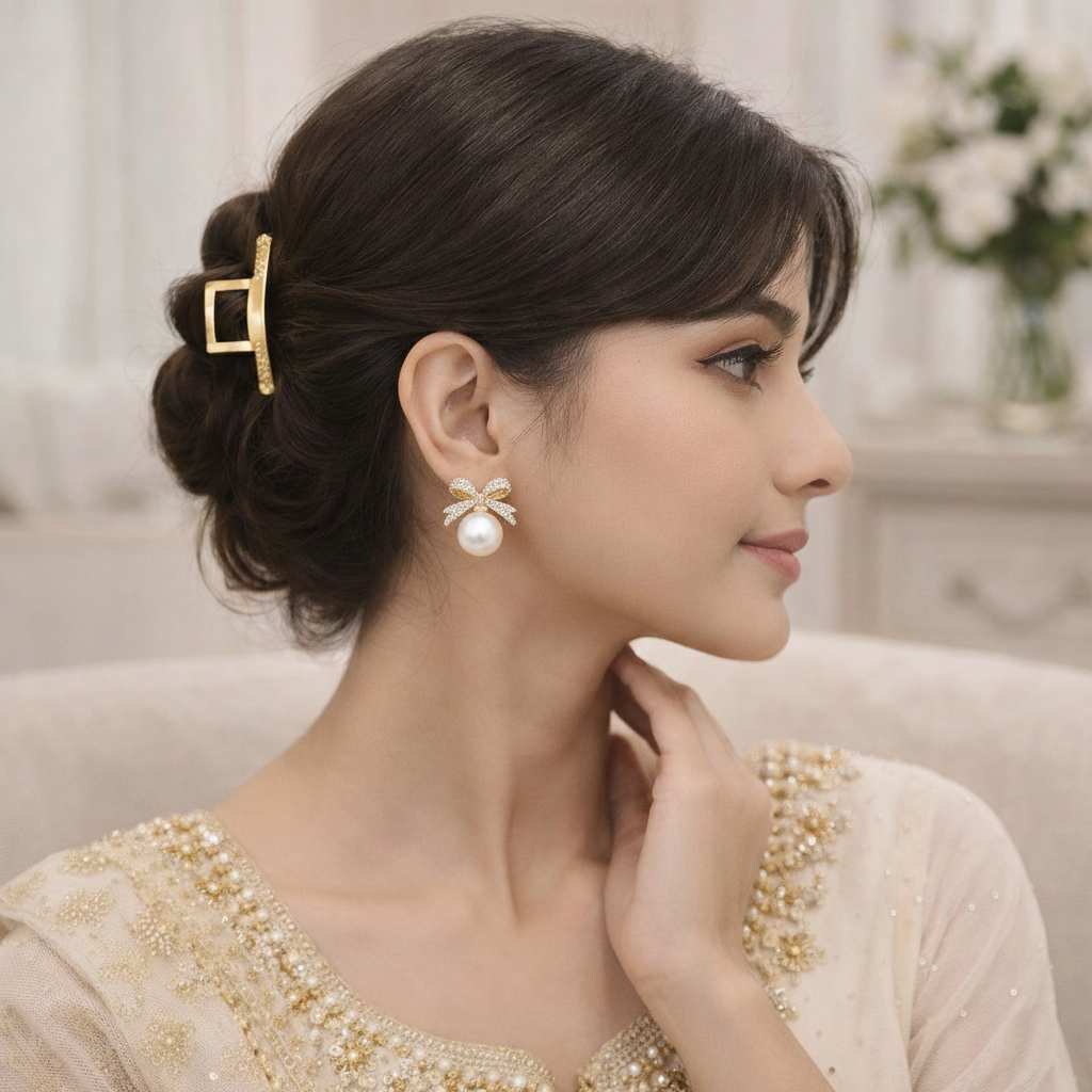 fashion bow rhinestone pearl stud earrings for women fashion bow rhinestone pearl stud earrings for women
