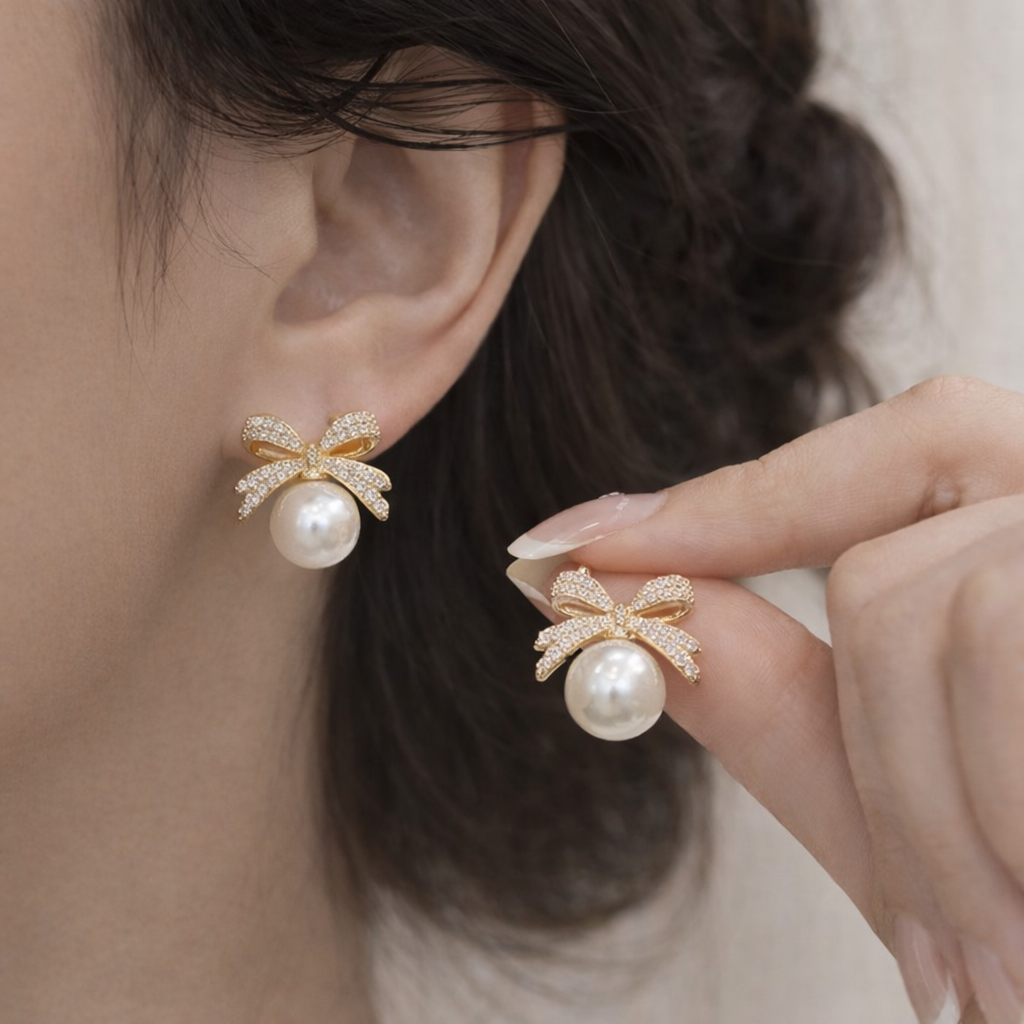 fashion bow rhinestone pearl stud earrings for women fashion bow rhinestone pearl stud earrings for women