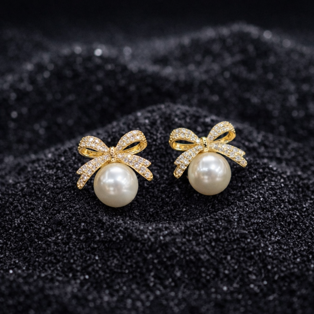 fashion bow rhinestone pearl stud earrings for women fashion bow rhinestone pearl stud earrings for women