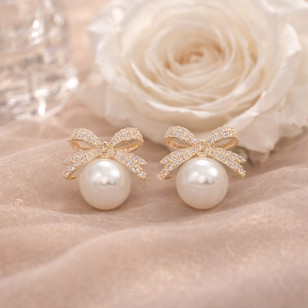 fashion bow rhinestone pearl stud earrings for women fashion bow rhinestone pearl stud earrings for women