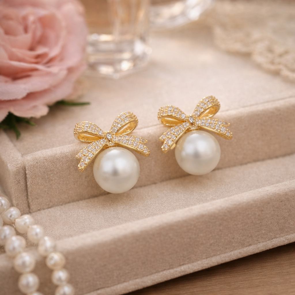 fashion bow rhinestone pearl stud earrings for women fashion bow rhinestone pearl stud earrings for women