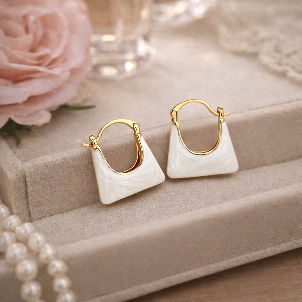 vintage white enamel handbag u shaped hoop earrings vintage white enamel handbag u shaped hoop earrings