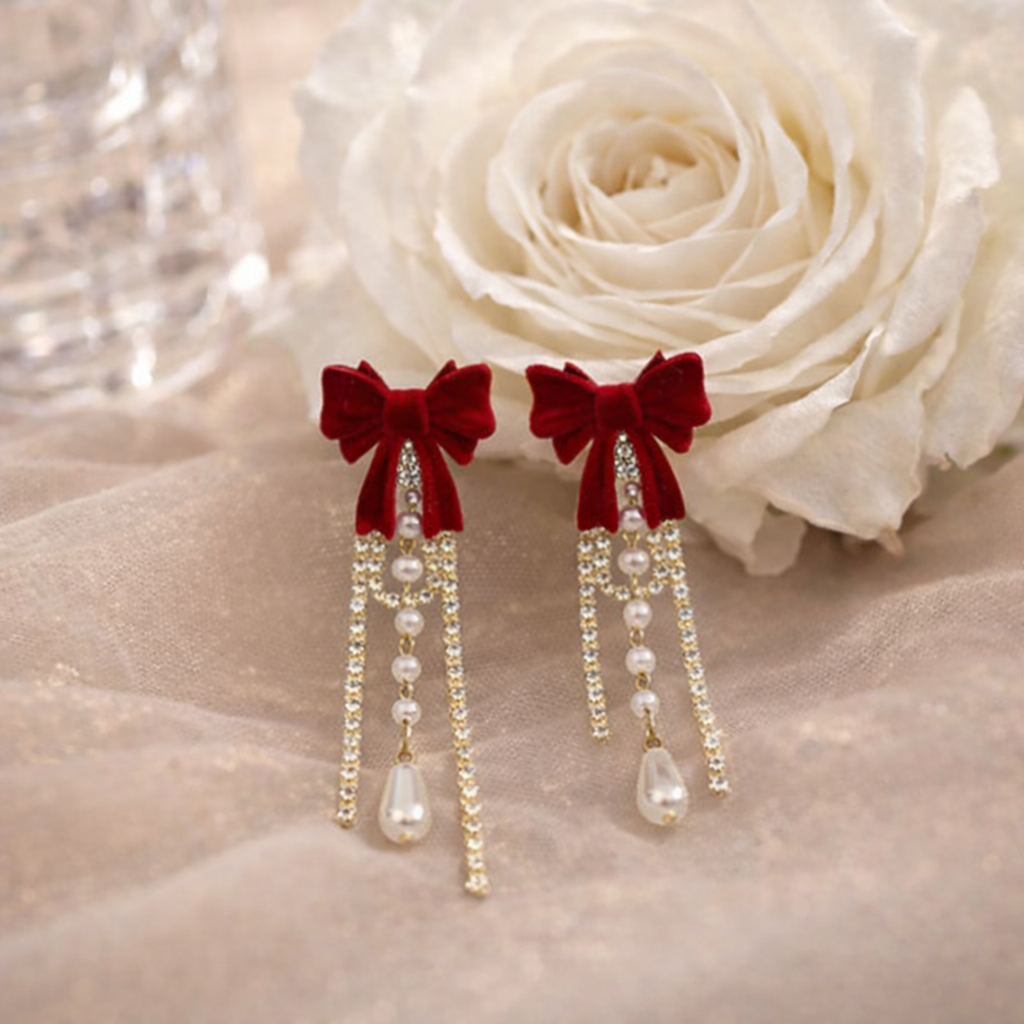 vintage burgundy bow pearl tassel drop earrings vintage burgundy bow pearl tassel drop earrings