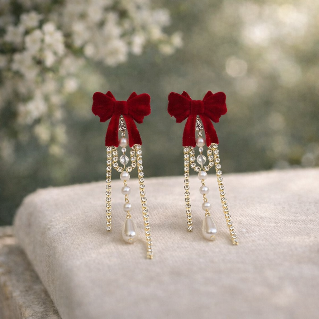 vintage burgundy bow pearl tassel drop earrings vintage burgundy bow pearl tassel drop earrings