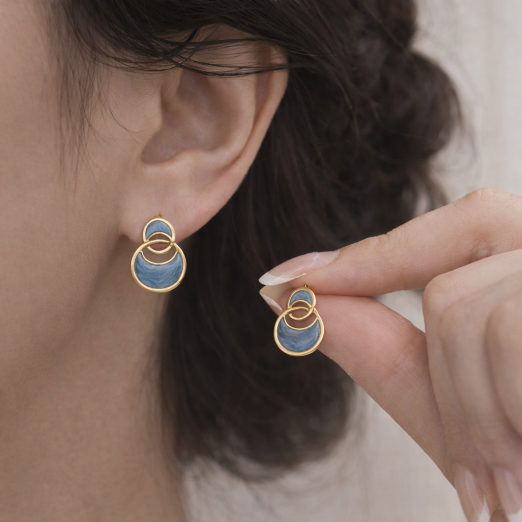 geometric blue enamel double arc stud earrings geometric blue enamel double arc stud earrings