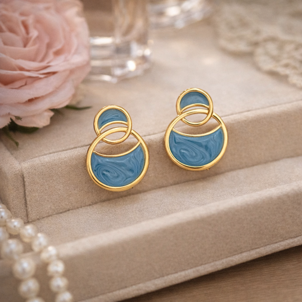 geometric blue enamel double arc stud earrings geometric blue enamel double arc stud earrings