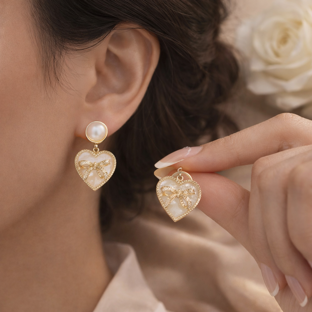 korean white heart bow stud earrings korean white heart bow stud earrings