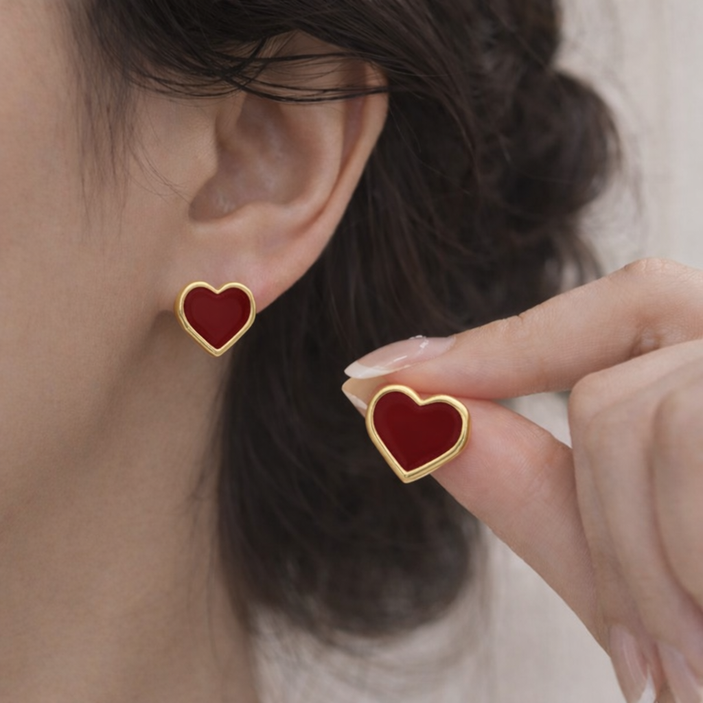 vintage red enamel heart stud earrings vintage red enamel heart stud earrings