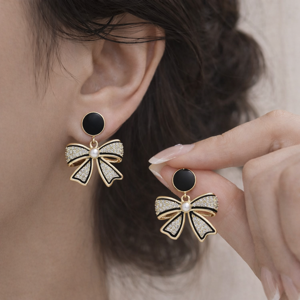 korean black bow pearl stud earrings korean black bow pearl stud earrings