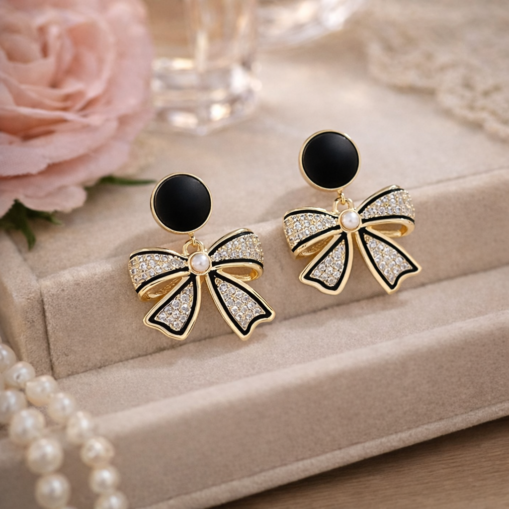 korean black bow pearl stud earrings korean black bow pearl stud earrings