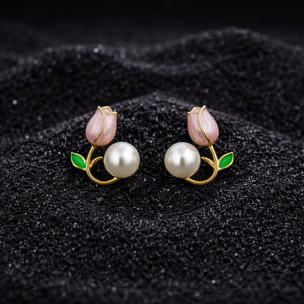 pink tulip flower pearl stud earrings pink tulip flower pearl stud earrings