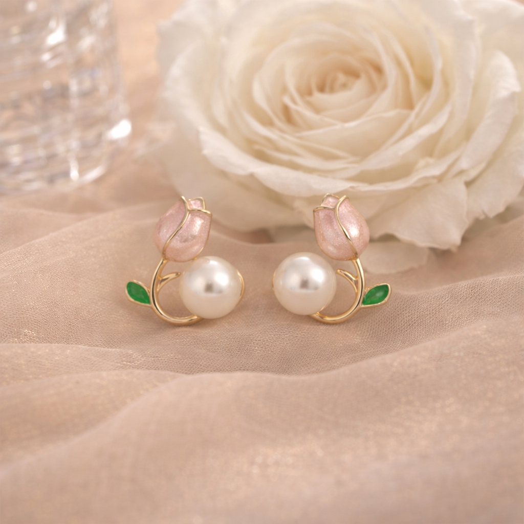 pink tulip flower pearl stud earrings pink tulip flower pearl stud earrings