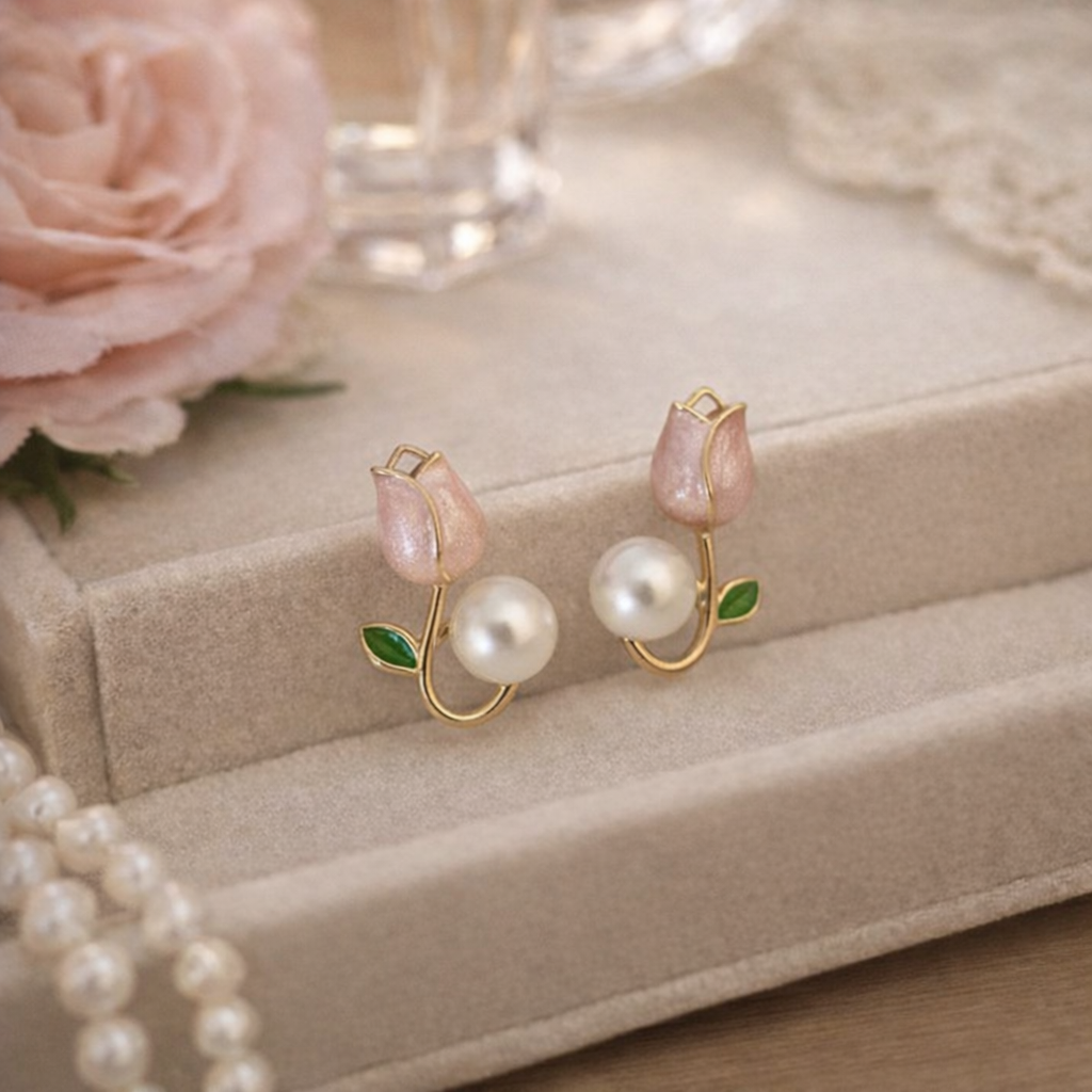 pink tulip flower pearl stud earrings pink tulip flower pearl stud earrings