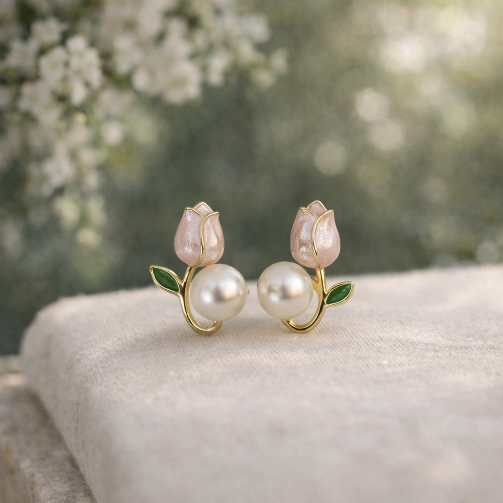 pink tulip flower pearl stud earrings pink tulip flower pearl stud earrings