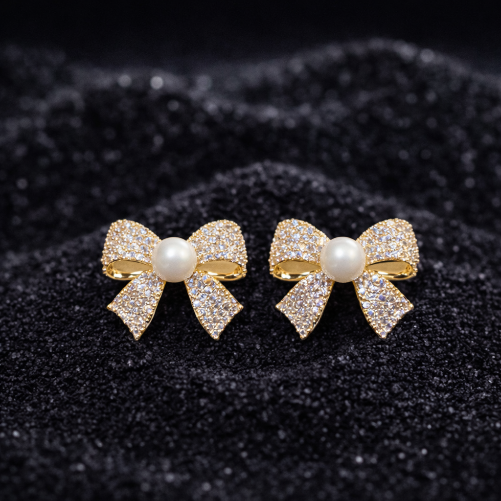 bow pearl stud earrings with micro inlaid diamond look bow pearl stud earrings with micro inlaid diamond look