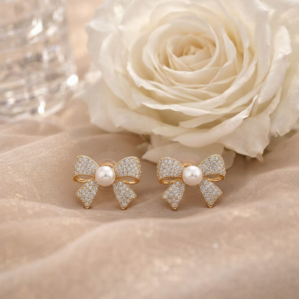 bow pearl stud earrings with micro inlaid diamond look bow pearl stud earrings with micro inlaid diamond look