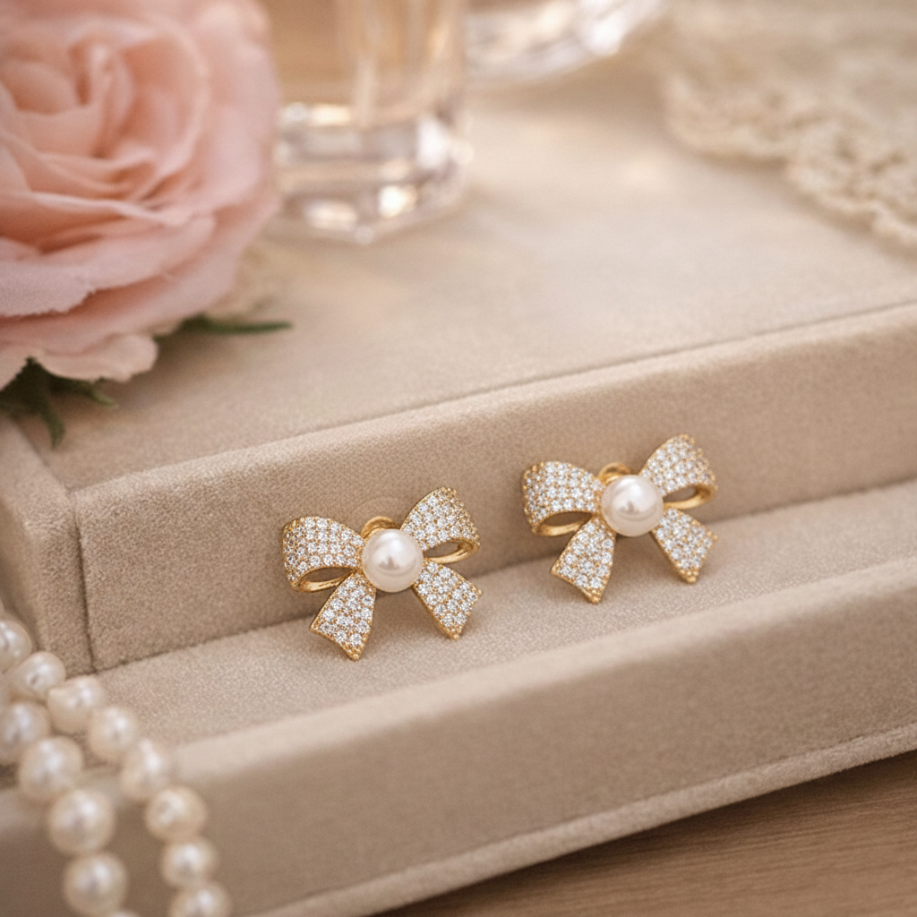 bow pearl stud earrings with micro inlaid diamond look bow pearl stud earrings with micro inlaid diamond look