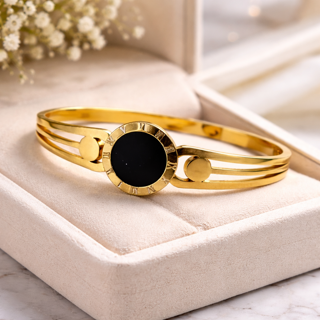 elegant roman dial black stone bangle bracelet (stainless steel) elegant roman dial black stone bangle bracelet (stainless steel)
