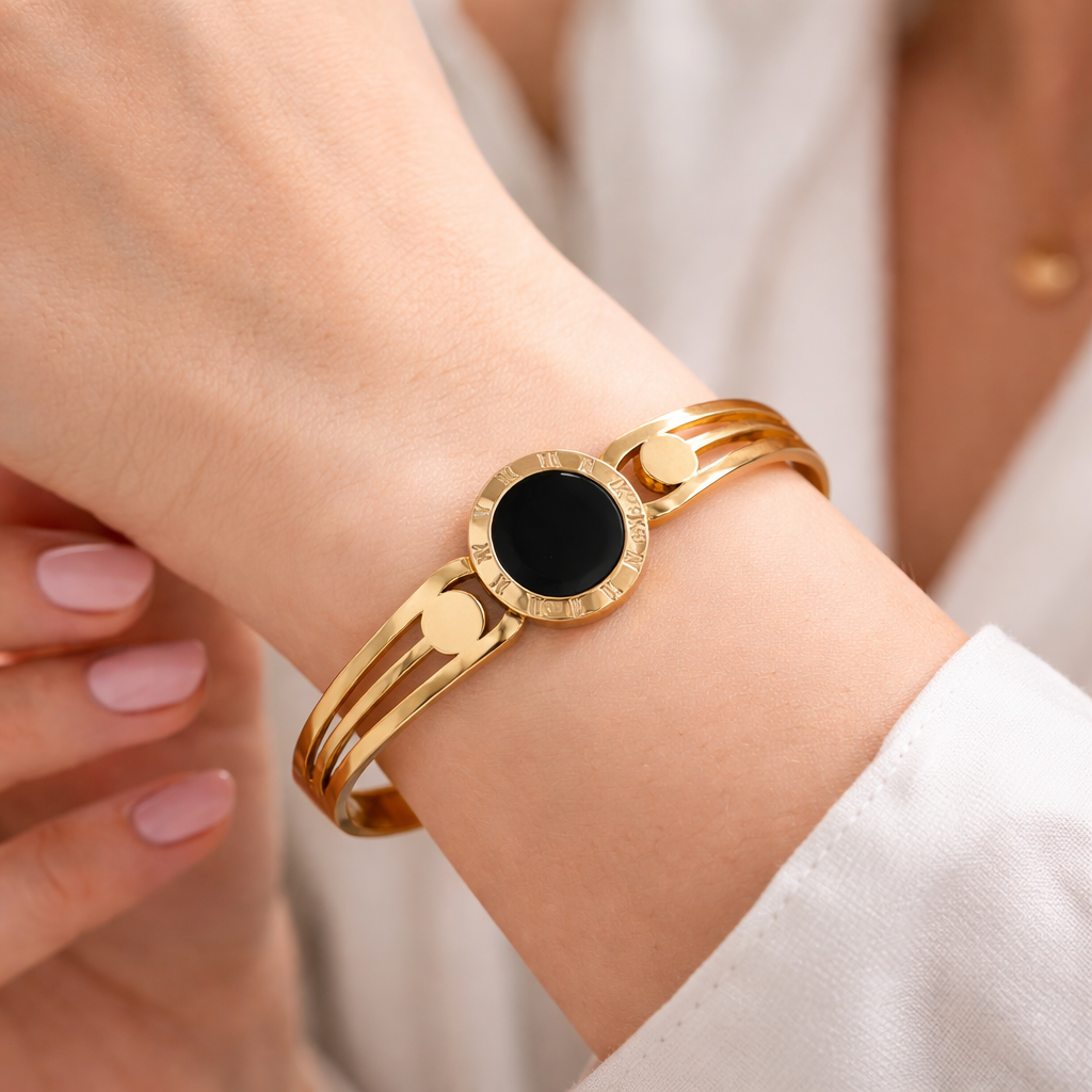 elegant roman dial black stone bangle bracelet (stainless steel) elegant roman dial black stone bangle bracelet (stainless steel)