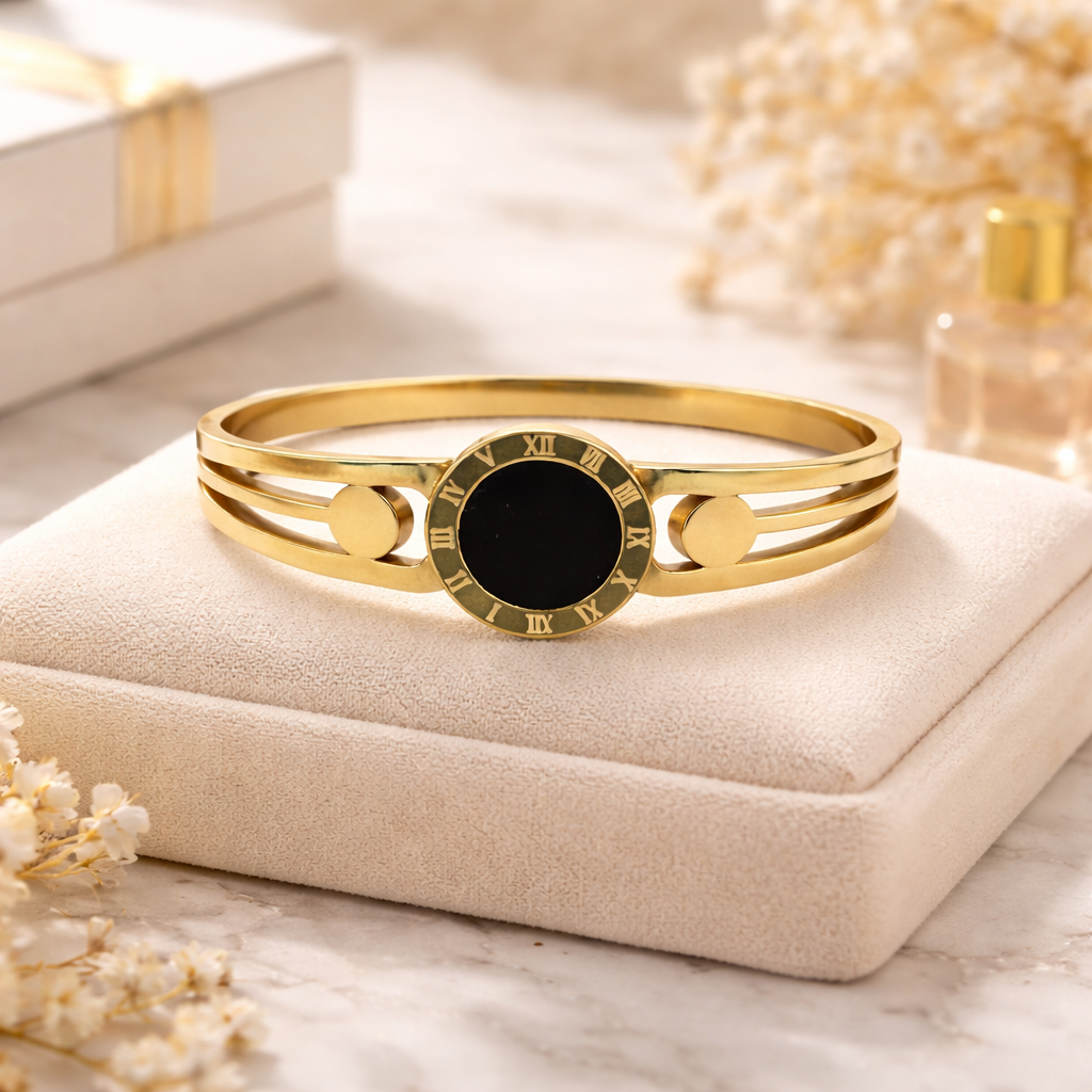 elegant roman dial black stone bangle bracelet (stainless steel) elegant roman dial black stone bangle bracelet (stainless steel)