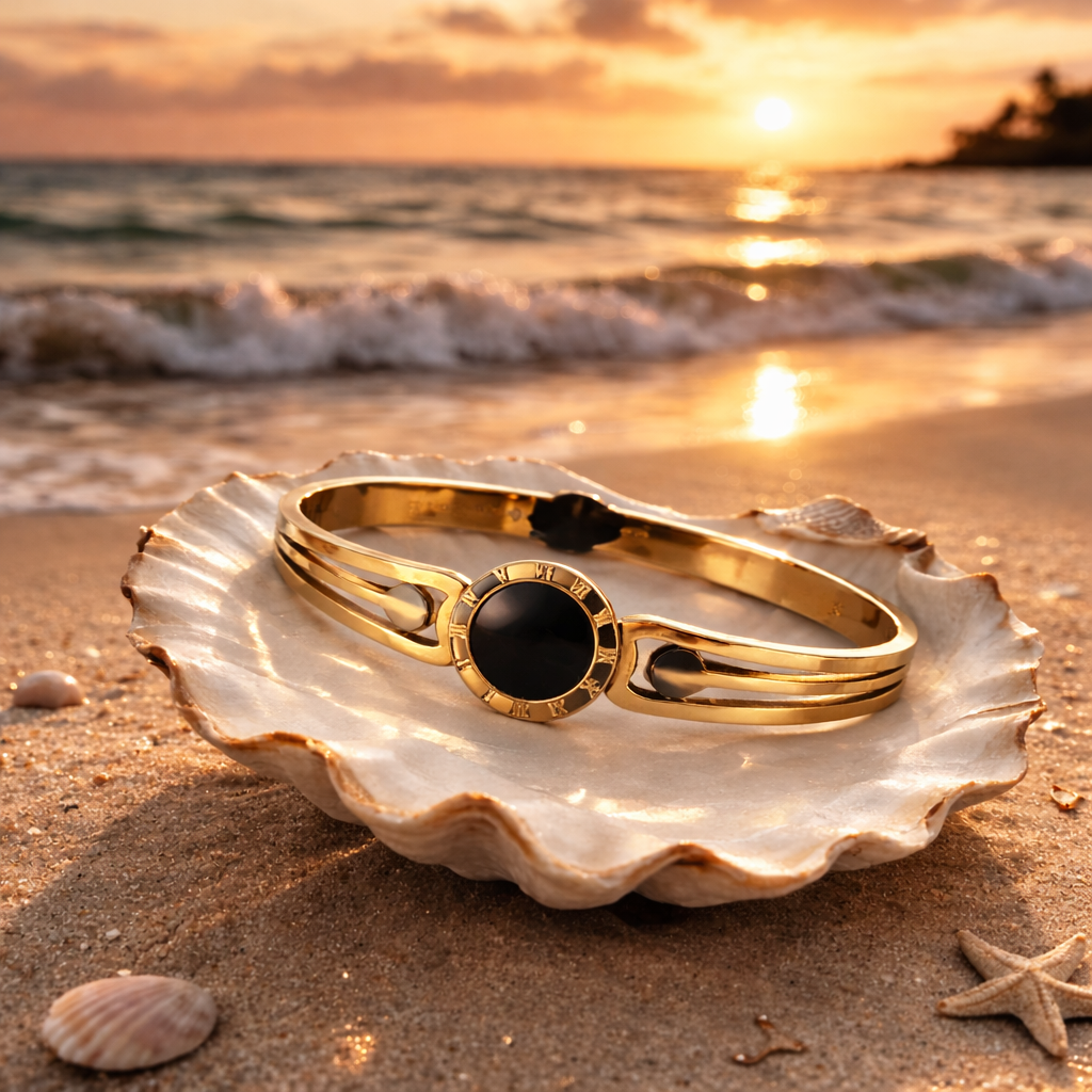 elegant roman dial black stone bangle bracelet (stainless steel) elegant roman dial black stone bangle bracelet (stainless steel)