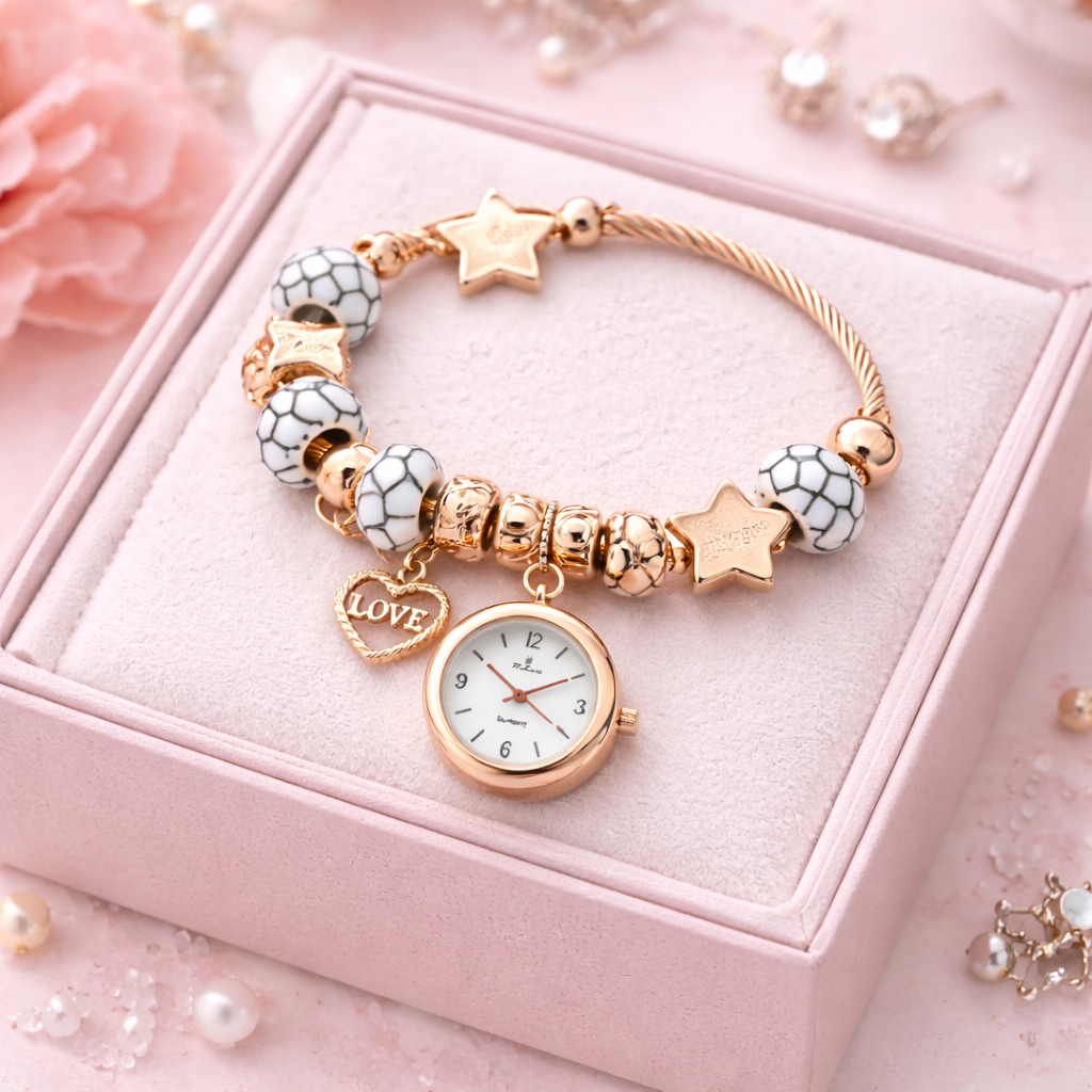 elegant charm bracelet watch with love pendant (stainless steel) elegant charm bracelet watch with love pendant (stainless steel)