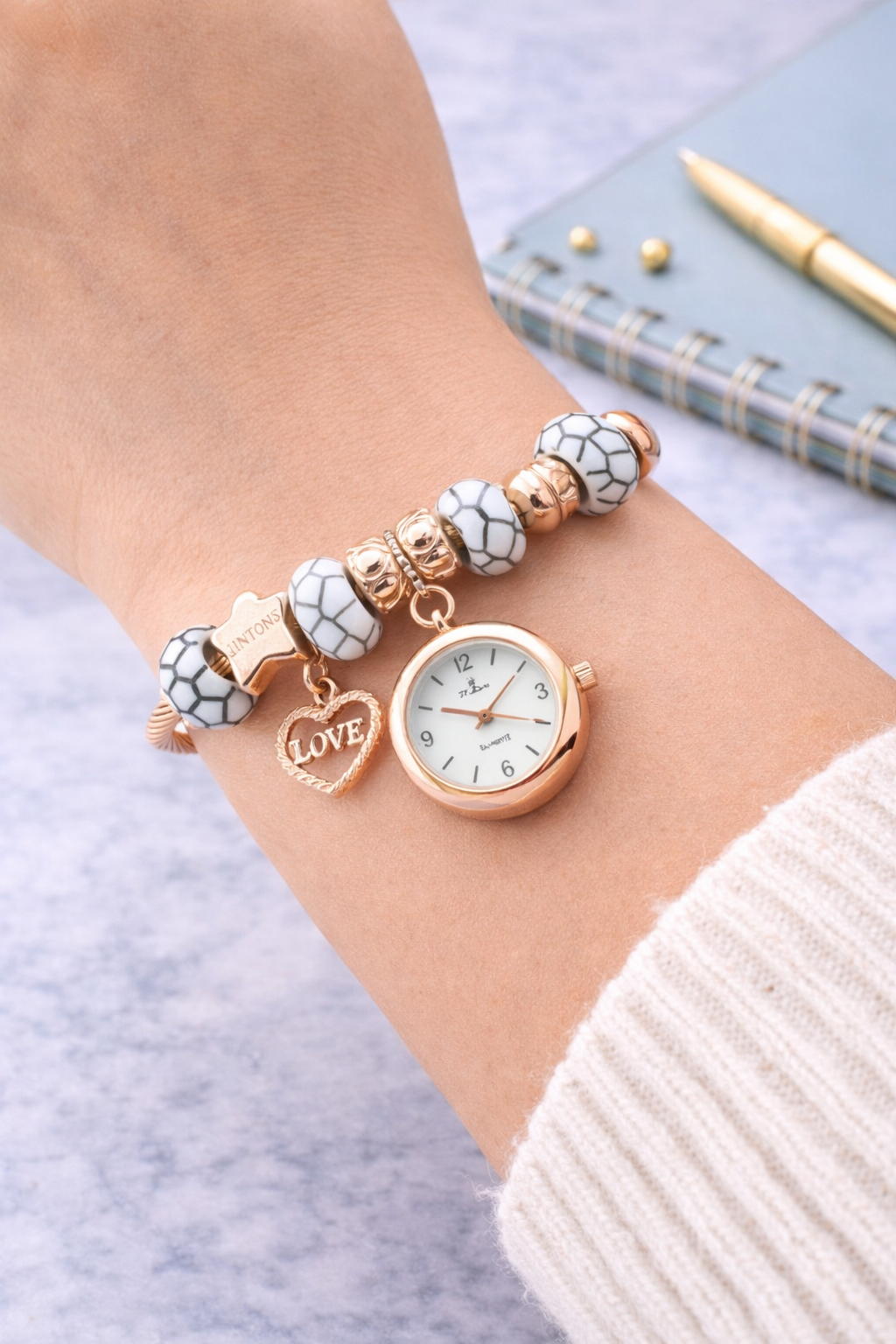 elegant charm bracelet watch with love pendant (stainless steel) elegant charm bracelet watch with love pendant (stainless steel)