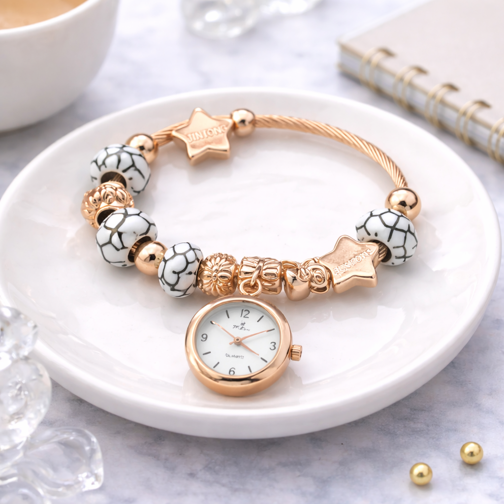 elegant charm bracelet watch with love pendant (stainless steel) elegant charm bracelet watch with love pendant (stainless steel)